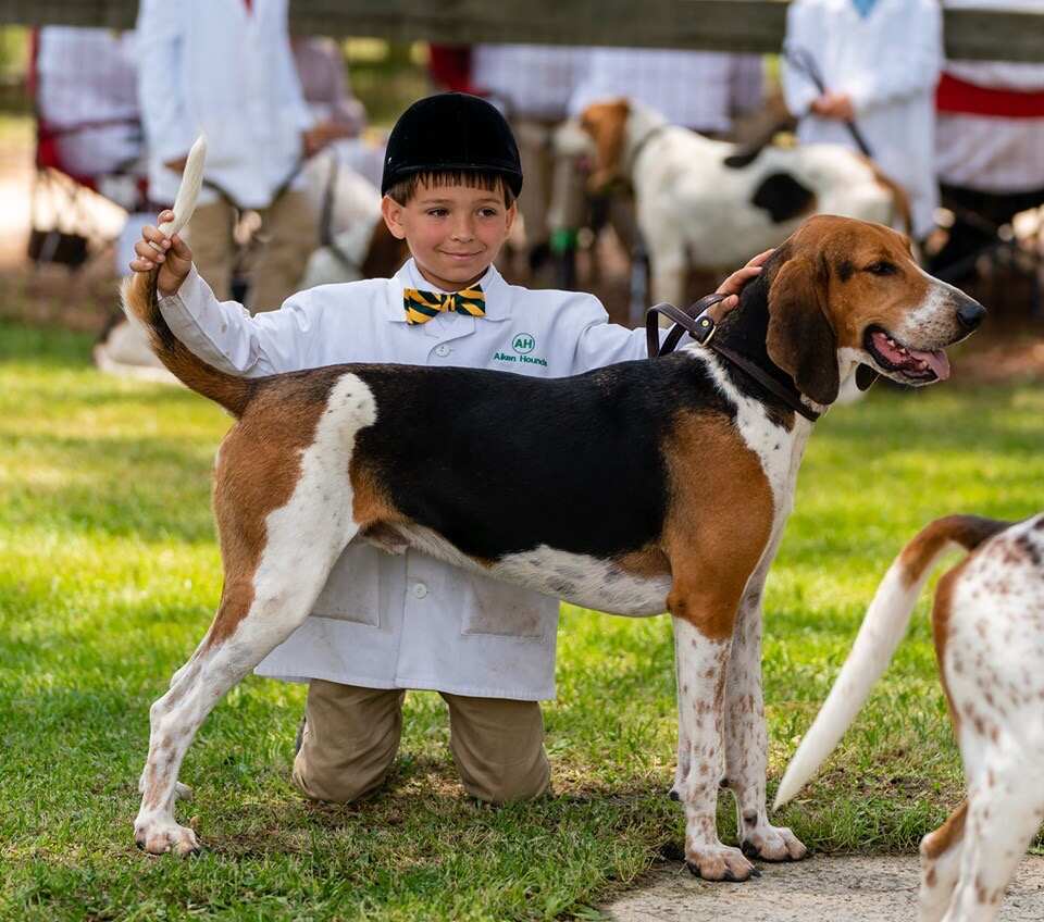 Boy in white coat and black helmet kneeling next to posed hound.